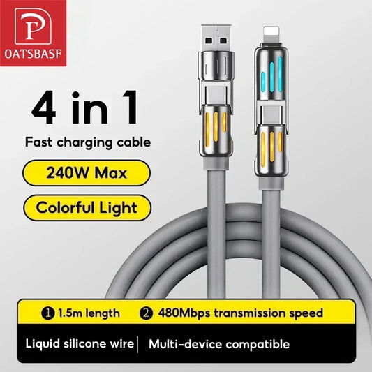 Oatsbasf USB-C 4 in 1 240w Fast Charging Cable for iPhone Usb Type C Cable 480Mbps Data Transmission Cable with Colorful Light